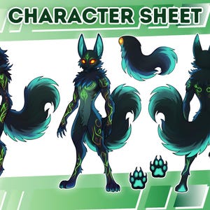 以下が含まれることがあります： 黒い毛皮、ターコイズのアクセント、光る緑色のマーキングが施された、様式化された擬人化されたオオカミのキャラクターシート。画像には、正面、側面、背面図、足跡、取り外された尾が含まれています。「CHARACTER SHEET」というテキストが上部にあります。