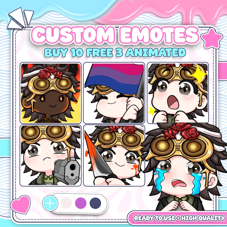 The custom Vtuber emote collection showcases a variety of cute and reactive steampunk-style character expressions. Each Vtuber emote was created using Vtuber emote art, Vtuber emote design, anime Vtuber emotes, streamer emotes, custom emotes, Vtuber badges, Twitch Vtuber, cute Vtuber, and emotes.