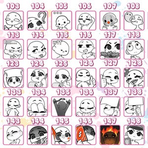 A collection of Vtuber emotes showcases hundreds of character expressions in a consistent and adorable anime Vtuber emote style. Each custom Vtuber emote is created as a streamer emote using Vtuber emote art, Vtuber emote design, custom emotes, Vtuber badges, Twitch Vtuber, cute Vtuber, and emotes.
