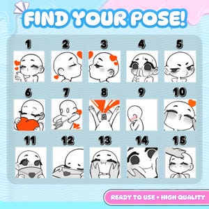Chart of 15 custom chibi emote pose options featuring kissing, love, crying, heart hugging, cheering, blushing, and playful reactions. Buyers can select a numbered pose for personalized Twitch, Discord, YouTube, or Kick emotes.