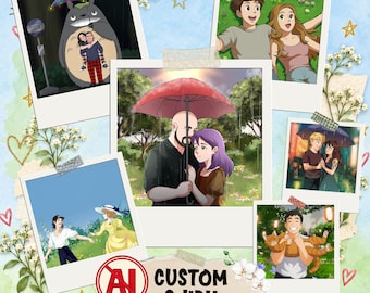 Custom Ghibli, Style Portrait From Photo, Personalized Christmas Gift for Couples and Families