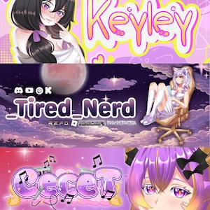 May include: A collection of digital art banners featuring anime-style characters and text. The top banner displays "Keyley" in a bright yellow and pink font. The middle banner reads "_Tired_Nerd" with a moon backdrop. The bottom banner says "Cecet" with musical notes.