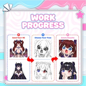 The Vtuber emote process is shown, from character references and sketches to the final, ready-to-use product. Each custom Vtuber emote was created using Vtuber emote art, Vtuber emote design, anime Vtuber emote, streamer emote, custom emotes, Vtuber badges, Twitch Vtuber, cute Vtuber, and emotes.