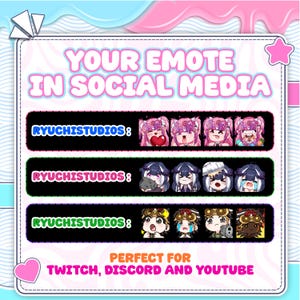 Examples of Vtuber emote usage are displayed on various social media and streaming platforms. Each custom Vtuber emote features consistent Vtuber emote art, including streamer emotes, anime Vtuber emotes, Vtuber emote designs, custom emotes, Vtuber badges, Twitch Vtuber, and emotes.