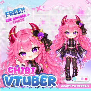 Op de afbeelding: Een digitale illustratie van een chibi-personage met lang roze haar, paarse ogen en rode hoorns. Het personage draagt een zwart en paars outfit met hartaccenten. Tekst: FREE!! EYE BANNER + EMOTE, CHIBI VTUBER en READY TO STREAM.
