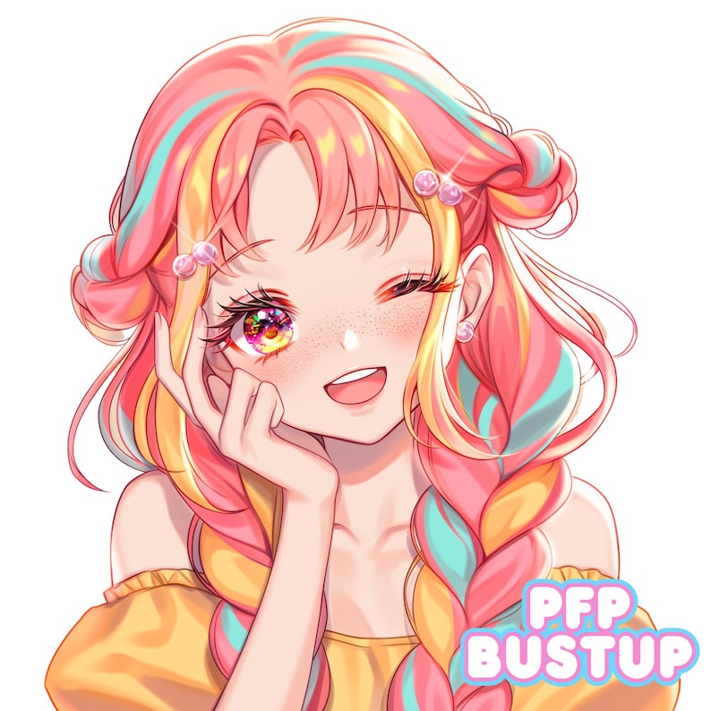 This anime pfp tells the story of a cheerful character with a bright smile and lovable charm. Ideal for profile twitch branding, avatar creation and profile social media use, this kawai anime illustration helps your OC stand out as a custom profile picture.