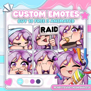 The anime Vtuber emote gallery features various expressions of the purple character, such as laughing, crying, and giving cute reactions. Each custom Vtuber emote is created using Vtuber emote art, Vtuber emote design, streamer emote, custom emotes, Vtuber badges, Twitch Vtuber, cute Vtuber, and emotes.