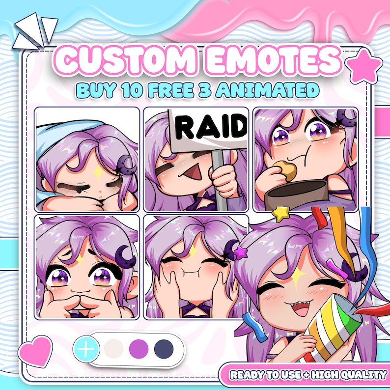 The anime Vtuber emote gallery features various expressions of the purple character, such as laughing, crying, and giving cute reactions. Each custom Vtuber emote is created using Vtuber emote art, Vtuber emote design, streamer emote, custom emotes, Vtuber badges, Twitch Vtuber, cute Vtuber, and emotes.