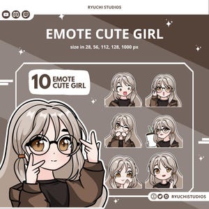 Pack de 10 gestos de chica chibi linda: gesto de Twitch de chica de cabello castaño, recursos de transmisión, bebida, sorpresa, vergüenza, amor, acecho, locura