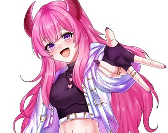 May include: An anime-style illustration of a character with long vibrant pink hair and dark curved horns. The character wears a black crop top, a white jacket with metallic buckles, and a white belt. The character has purple eyes and is reaching forward with a hand wearing a fingerless glove and gold rings.