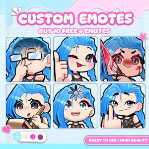 Puede incluir: Un conjunto digital de seis emoticonos personalizados con un personaje de pelo azul brillante en varias expresiones, incluyendo gafas, pulgar hacia arriba, un cuchillo ensangrentado, escribiendo, un icono de carga y un gesto. Texto CUSTOM EMOTES.