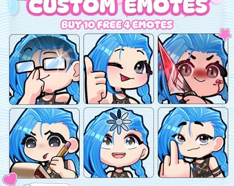 May include: A digital set of six custom emotes featuring a character with bright blue hair in various expressions, including holding glasses, giving a thumbs up, holding a bloody knife, writing, a loading icon, and a hand gesture. Text reads CUSTOM EMOTES.