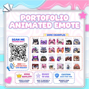 The anime Vtuber emote portfolio showcases various animation examples with lively and engaging expressions. Each custom Vtuber emote is created as a streamer emote using Vtuber emote art, Vtuber emote design, custom emotes, Vtuber badges, Twitch Vtuber, cute Vtuber, and emotes.