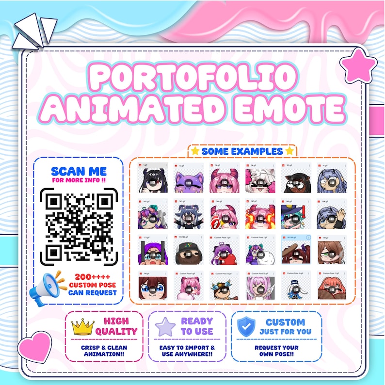 The anime Vtuber emote portfolio showcases various animation examples with lively and engaging expressions. Each custom Vtuber emote is created as a streamer emote using Vtuber emote art, Vtuber emote design, custom emotes, Vtuber badges, Twitch Vtuber, cute Vtuber, and emotes.