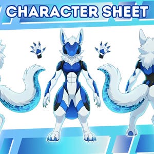 May include: A digital character sheet featuring a white and blue anthropomorphic fox-like creature. The character has a futuristic design with blue accents and circuit board patterns. The sheet includes front, side, and back views.