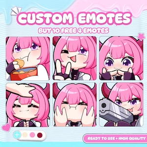 May include: A set of six digital custom emotes featuring a character with bright pink hair and small horns. The text reads CUSTOM EMOTES, BUY 10 FREE 4 EMOTES, and READY TO USE + HIGH QUALITY. The character is shown eating, gesturing, and holding a gun.
