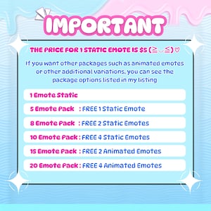 Custom Twitch emote package chart: one static emote costs $5. Packs include 5 plus 1 free static, 8 plus 2 free static, 10 plus 4 free static, 15 plus 2 free animated, and 20 plus 4 free animated emotes.