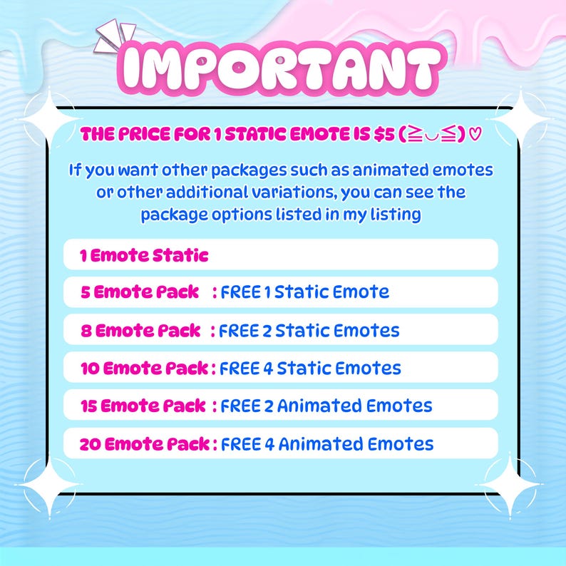 Custom Twitch emote package chart: one static emote costs $5. Packs include 5 plus 1 free static, 8 plus 2 free static, 10 plus 4 free static, 15 plus 2 free animated, and 20 plus 4 free animated emotes.