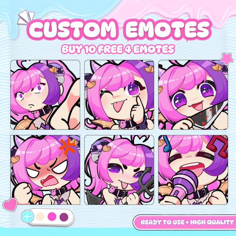 Preview of custom Twitch emotes featuring Iron Mouse Vtuber chibi character in six expressive poses, including happy, sleeping, angry, laughing, and excited reactions. Personalized emotes for Twitch, Discord, Kick, and VTuber streamers.