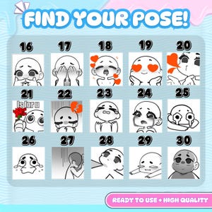Chart of 15 numbered custom chibi emote poses from 16 to 30, featuring laughing, hiding, kissing, heart eyes, holding a flower, angry, crying, shocked, embarrassed, and sad reactions for personalized Twitch, Discord, YouTube, or Kick emotes.