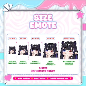 A comparison of the sizes of Vtuber emotes shows consistent clarity across various chat resolutions. Each custom Vtuber emote is created using Vtuber emote art, Vtuber emote design, anime Vtuber emote, streamer emote, custom emotes, Vtuber badges, Twitch Vtuber, cute Vtuber, and emotes.