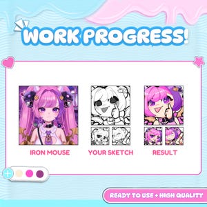 Custom Twitch emote work progress showing a Iron Mouse VTuber character reference, black and white chibi emote sketches, and the finished colorful emotes. The process demonstrates personalized character design from sketch to final result.
