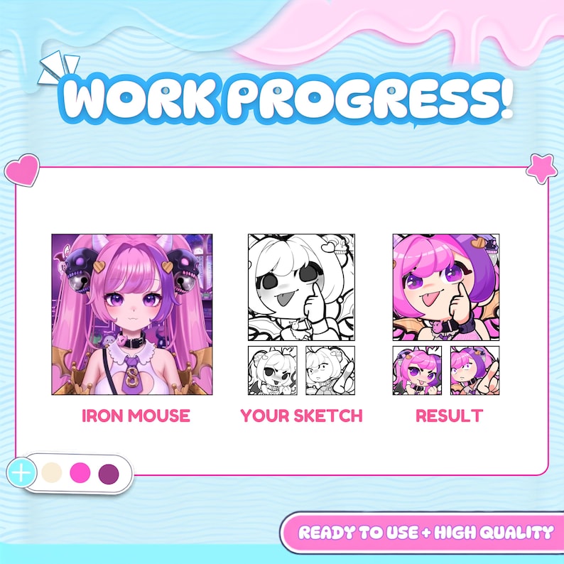 Custom Twitch emote work progress showing a Iron Mouse VTuber character reference, black and white chibi emote sketches, and the finished colorful emotes. The process demonstrates personalized character design from sketch to final result.