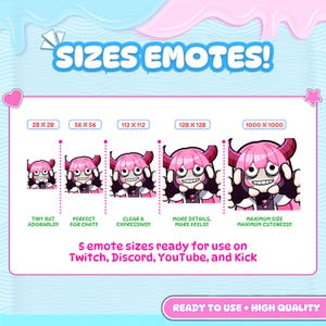 Size comparison of a custom pink-haired chibi Twitch emote in 28x28, 56x56, 112x112, 128x128, and 1000x1000 pixels. Five clear, high-quality emote sizes are prepared for use on Twitch, Discord, YouTube, and Kick.