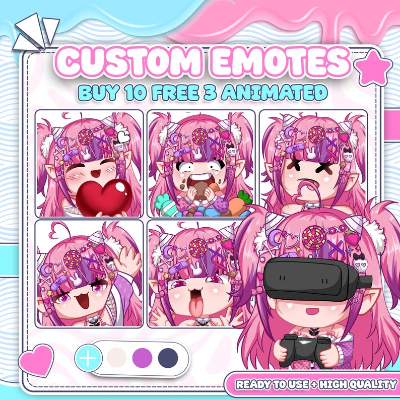 This collection of Vtuber emotes features a pink-haired character with cheerful, sad, and cute expressions all in one collection. Each custom Vtuber emote uses Vtuber emote art, anime Vtuber emote, Vtuber emote design, streamer emote, custom emotes, Vtuber badges, Twitch Vtuber, cute Vtuber, and emotes.