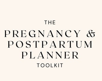 Op de afbeelding: De zwangerschaps- en kraamtijdplanner Toolkit, een digitale download, bevat een lijntekening van een zwangere persoon met haar handen op haar buik. De tekst "THE PREGNANCY & POSTPARTUM PLANNER TOOLKIT" staat bovenaan de afbeelding. Het websiteadres "www.themommyhealerservices.com" staat onderaan de afbeelding.