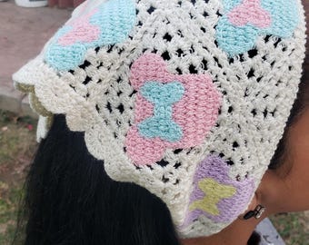 Minnie Crochet Headscraf Triangle Headband Knitted Handmade Crochet hair accessories fisherman aesthetic black and pink design bandana