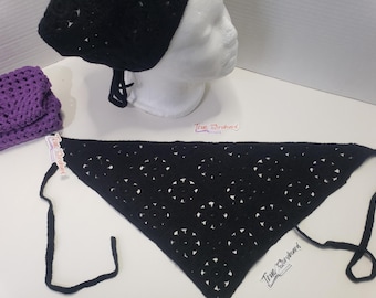 Black Crocheted Headscraf Triangle design Headband Knitted Headscarf Handmade Crochet hair accessories fisherman aesthetic design bandana