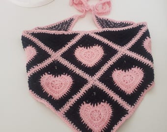 Pink heart Crochet Headscraf Triangle Headband Knitted Handmade Crochet hair accessories fisherman aesthetic black and pink design bandana