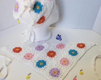 Colorful Flowers Crochet Headscraf Triangle Headband Knitted Handmade  hair accessories fisherman aesthetic Bright design bandana