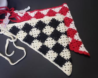 Red Checkered handmade Crochet Headscarf Triangle Headband Knitted Headscarf stocking stuffer Christmas hair accessories design bandana