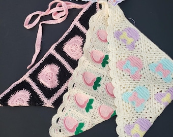 Minnie Crochet Headscraf Triangle Headband Knitted Handmade Crochet hair accessories fisherman aesthetic black and pink design bandana