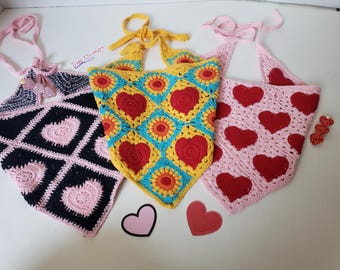 Pink heart Crochet Headscraf Triangle Headband Knitted Handmade Crochet hair accessories fisherman aesthetic black and pink design bandana