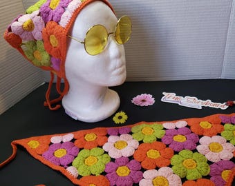 Bright floral Headscraf handband Triangle bandana Knitted Headscarf Handmade Crochet hair accessory spring aesthetic tropic design bandana