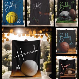 May include: Six different personalized blankets with various sports imagery. Each blanket features a name, a number, and a sport-related image. The sports include water polo, archery, football, basketball, volleyball, and baseball.