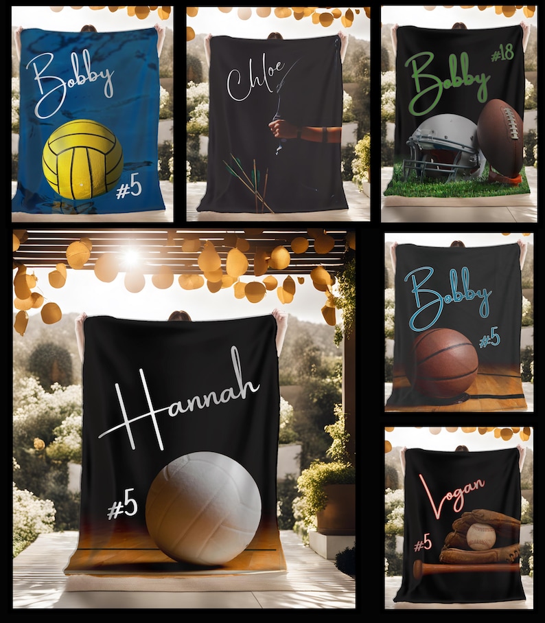 May include: Six different personalized blankets with various sports imagery. Each blanket features a name, a number, and a sport-related image. The sports include water polo, archery, football, basketball, volleyball, and baseball.