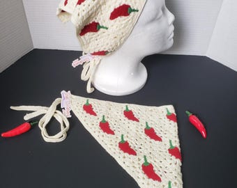 Chili Pepper Crocheted Headscraf handband Triangle Headband Knitted scarf Handmade Crocheted hair accessory mexican aesthetic design bandana