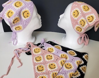 Happyface Headscraf handband Triangle Headband Knitted Headscarf Handmade Crochet hair accessories fisherman aesthetic emoji design bandana