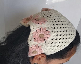 Pink floral Crocheted Headscraf handband Triangle Headband Knitted Handmade hair accessories fisherman aesthetic flower design bandana