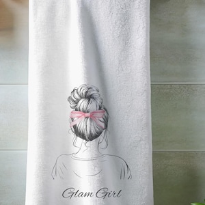 Glam Girl Coquette Custom Image Bath Towel white bath towel for girly girl bathroom skech of girl towel image pink bow girl towel coquette