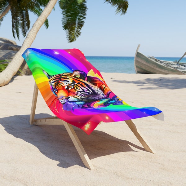 Rainbow Tiger Beach Towel bright beach towel bath towel kids beach towel bath sheet rainbow towel pool towel spa towel pool party towel