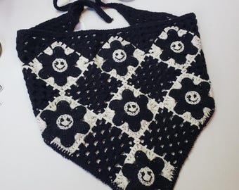 Black and white happy face crocheted Headscraf handband Triangle Headband Knitted Headscarf Handmade Crochet hair accessories design bandana