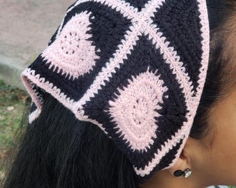 Pink heart Crochet Headscraf Triangle Headband Knitted Handmade Crochet hair accessories fisherman aesthetic black and pink design bandana