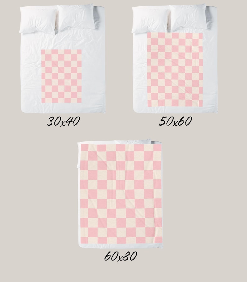 May include: Three pink and white checkered blankets in different sizes: 30x40 inches, 50x60 inches, and 60x80 inches.