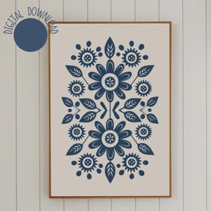 Folk Art Print Wandkunst Digitaldruck Blumen Volkskunst Skandinavisch Nordische Moderne Bauernhaus Boho Abstrakt Botanisch Schwedische Volkskunst Blau