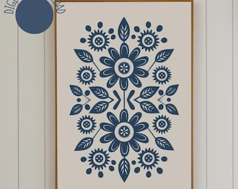 Blue Floral Folk Art Print: Scandinavian Modern Art (Digital Download)